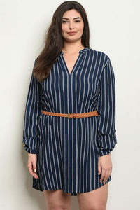 Women's Plus Size Navy Ivory Long Sleeve Striped Belted Tunic Shirt Dress(6 pcs/ Bundle) - Presidential Brand (R)