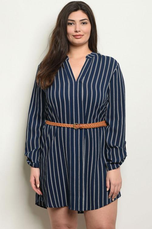 Women's Plus Size Navy Ivory Long Sleeve Striped Belted Tunic Shirt Dress(6 pcs/ Bundle) - Presidential Brand (R)