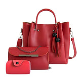 3pcs/set Handbag Beads Tassel Shoulder Totes Bags Leather Solid Capacity Clutch Bucket - Presidential Brand (R)