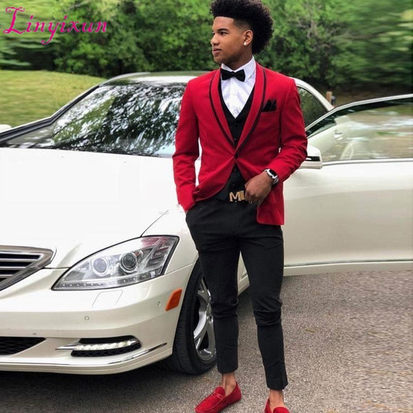 Linyixun  Red Men 3 Piece Suit Men Wedding Tuxedos Shawl Lapel Bridegroom Groomsmen Suits Men Business Party Prom Blazer - Presidential Brand (R)