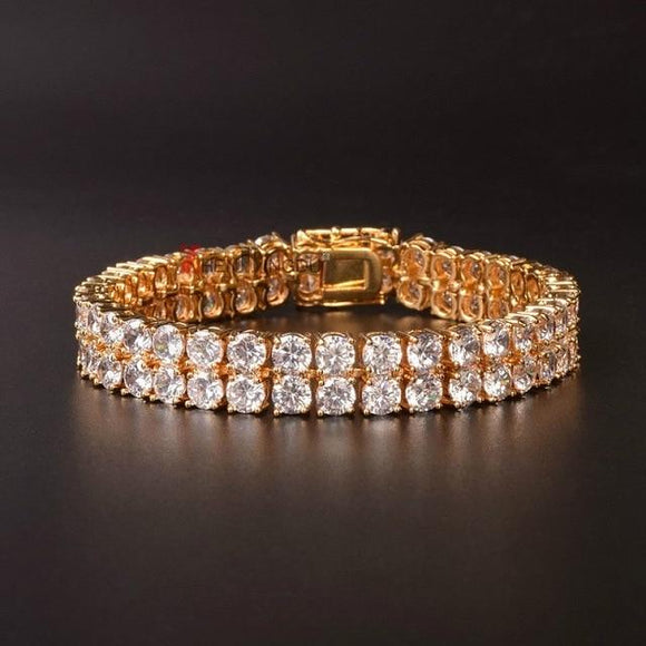 Mens Zircon Tennis Bracelet Chain Charm Hip Hop Style Fashion Jewelry Iced Finish 2 Row Gold Color Tone AAA CZ Bracelet Link 8