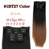 Leeons 16 colors 16 clips Long Straight Synthetic Hair Extensions Clips in High Temperature Fiber Black Brown Hairpiece - Presidential Brand (R)