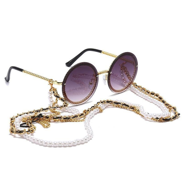 Vintage Round Sunglasses Women with Pearl Chain Accessory Luxury Brand Design Retro Gold Frame Sun Glasses Female Shades - Presidential Brand (R)