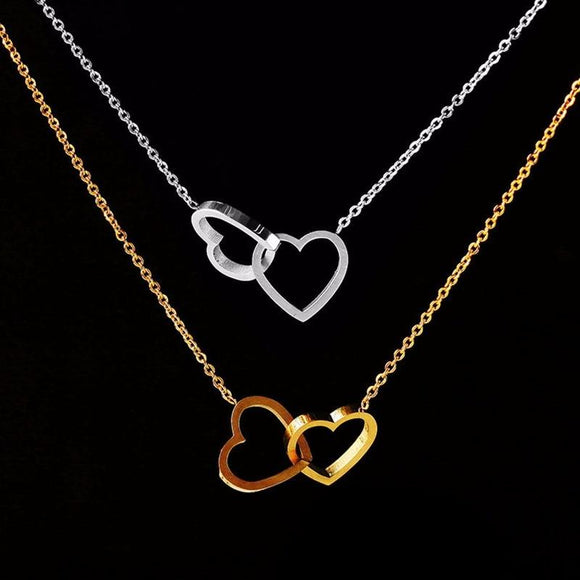Double Heart Statement Necklace Steel Link Chain Collier Choker - Presidential Brand (R)
