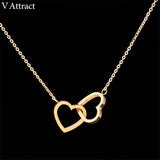 Double Heart Statement Necklace Steel Link Chain Collier Choker - Presidential Brand (R)