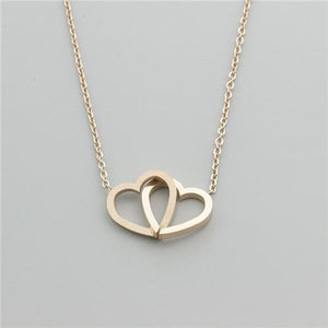 Double Heart Statement Necklace Steel Link Chain Collier Choker - Presidential Brand (R)