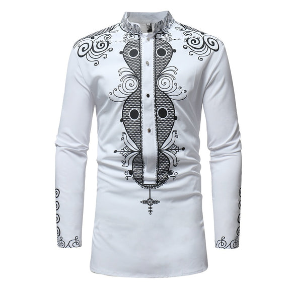 African Tribal Dashiki Long Sleeve Mandarin Collar Dress Shirt - Presidential Brand (R)