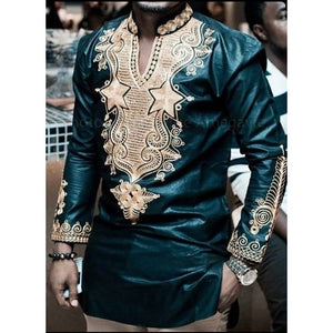 African Dashiki Long Sleeeve V Neck Traditional Maxi Top - Presidential Brand (R)
