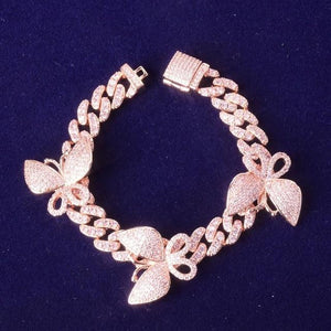 10mm Pink Miami Cuban Link Bracelet With Butterfly Bling Women Jewelry AAAA Zircon Hip Hop Chain - Presidential Brand (R)