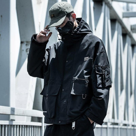 Letter Black Multi-pocket Men's Hip Hop Cargo Jackets Coats Streetwear Cardigan Zipper Casual Techwear Hooded Men Outerwear Top - Presidential Brand (R)