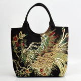 Shiny Peacock Embroidered Tote Bag Retro Casual Large Handbag Shoulder Belt - Presidential Brand (R)