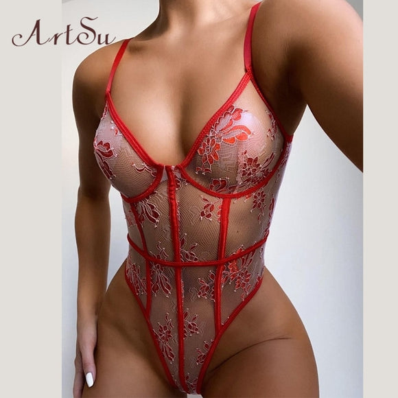 Artsu Red Sexy Lace Floral Embroidery Bodysuit Women Lingerie Sets Party Transparent Body See Through Rompers Female Body Suit - Presidential Brand (R)