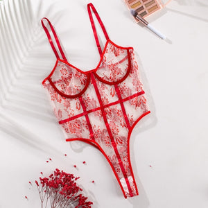 Artsu Red Sexy Lace Floral Embroidery Bodysuit Women Lingerie Sets Party Transparent Body See Through Rompers Female Body Suit - Presidential Brand (R)