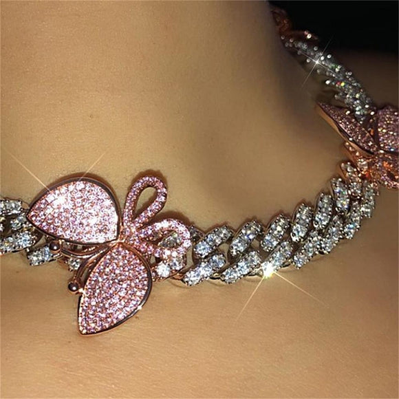 Pink Cuban Link Butterfly Choker Necklace Chain Crystal Rhinestone Chokers Necklaces for Women Gold Collar Wholesale - Presidential Brand (R)