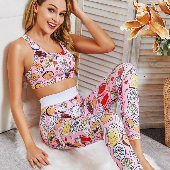 Cartoon Print Yoga Fitness Suits Tank Crop Top High Waist Pants Sportswear Fitness Tracksuit Running Sports Gym Workout Clothes - Presidential Brand (R)