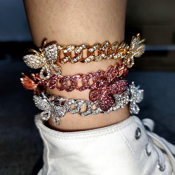Zircon Butterfly Ankle Bracelet Cuban Link Chain Anklets For Women Wide Foot Bracelets Boho Beach Jewelry - Presidential Brand (R)