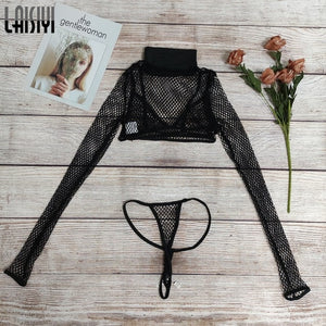 Women Sexy See-through Mesh Triangle Lingerie Bra Two-piece Set Crop Top Thong Soft Underwear - Presidential Brand (R)