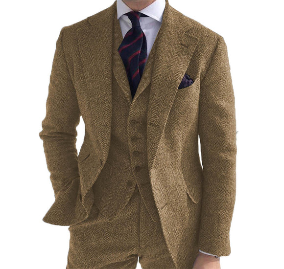 3 Pieces Mens Suits Wool Business Retro Classic Herringbone Pattern Groom Tweed Wool Tuxedos for Wedding (Blazer+Pants+Vest) - Presidential Brand (R)