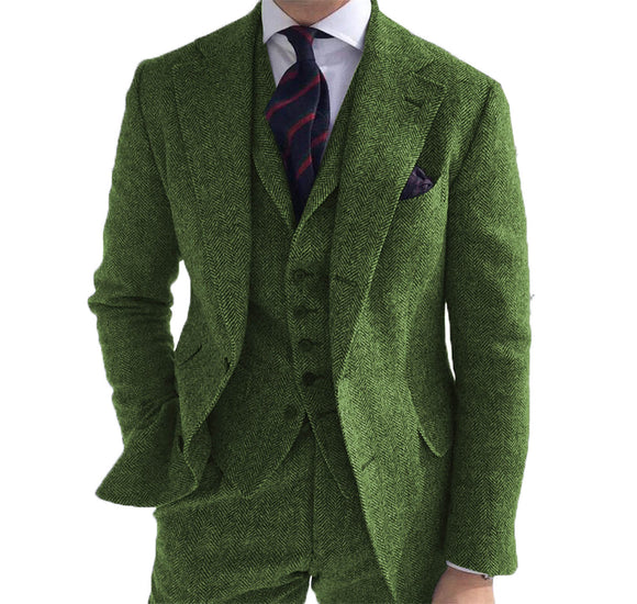 Mens Business 3 Pieces Suits Green Wool Retro Classic Herringbone Pattern Groom Tweed Tuxedos Blazer Pants Vest - Presidential Brand (R)