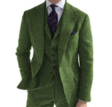 Mens Business 3 Pieces Suits Green Wool Retro Classic Herringbone Pattern Groom Tweed Tuxedos Blazer Pants Vest - Presidential Brand (R)