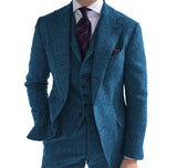 Mens Business 3 Pieces Suits Green Wool Retro Classic Herringbone Pattern Groom Tweed Tuxedos Blazer Pants Vest - Presidential Brand (R)