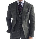 Mens Business 3 Pieces Suits Green Wool Retro Classic Herringbone Pattern Groom Tweed Tuxedos Blazer Pants Vest - Presidential Brand (R)