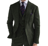 Mens Business 3 Pieces Suits Green Wool Retro Classic Herringbone Pattern Groom Tweed Tuxedos Blazer Pants Vest - Presidential Brand (R)