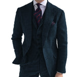 Mens Business 3 Pieces Suits Green Wool Retro Classic Herringbone Pattern Groom Tweed Tuxedos Blazer Pants Vest - Presidential Brand (R)