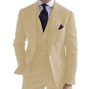 Mens Business 3 Pieces Suits Green Wool Retro Classic Herringbone Pattern Groom Tweed Tuxedos Blazer Pants Vest - Presidential Brand (R)