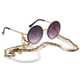 Vintage Round Sunglasses Women with Pearl Chain Accessory Luxury Brand Design Retro Gold Frame Sun Glasses Female Shades - Presidential Brand (R)