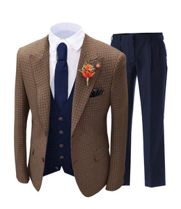 Men's Suit Brown Formal 3 Pieces Slim Fit Shawl Lapel Plaid Soft Wool Tweed Prom Grey Tuxedos Wedding Groomsmen Blazer Vest - Presidential Brand (R)