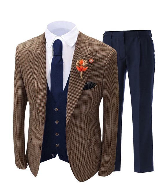 Men's Suit Brown Formal 3 Pieces Slim Fit Shawl Lapel Plaid Soft Wool Tweed Prom Grey Tuxedos Wedding Groomsmen Blazer Vest - Presidential Brand (R)