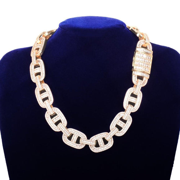 18mm Baguette Zirconia Cuban Chain Necklace Link Gold Color Copper Bling - Presidential Brand (R)