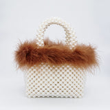 Faux Fur Pearl Evening Bag Women Hand Woven Paneled Beaded Tote Purses Handbags Shoulder Bag - Presidential Brand (R)