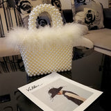 Faux Fur Pearl Evening Bag Women Hand Woven Paneled Beaded Tote Purses Handbags Shoulder Bag - Presidential Brand (R)