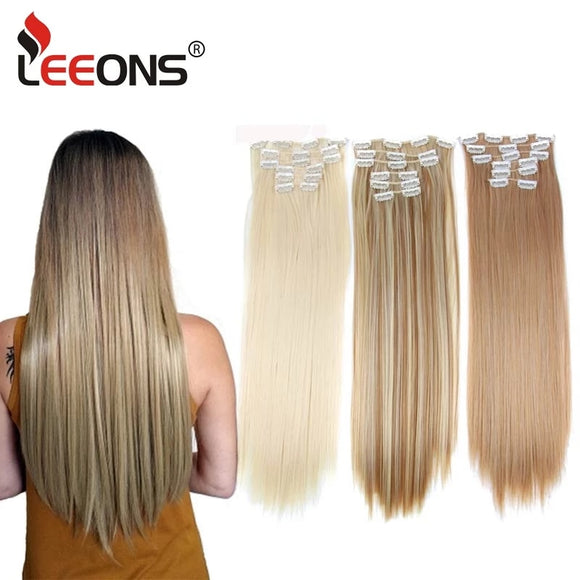 Leeons 16 colors 16 clips Long Straight Synthetic Hair Extensions Clips in High Temperature Fiber Black Brown Hairpiece - Presidential Brand (R)