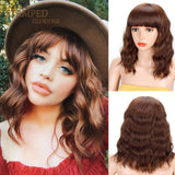 Stamped Glorious 14inches Natural Wave Wig Bob Red Wig With Bangs Synthetic Short Wigs for Women Heat Resistant Fiber Hair - Presidential Brand (R)
