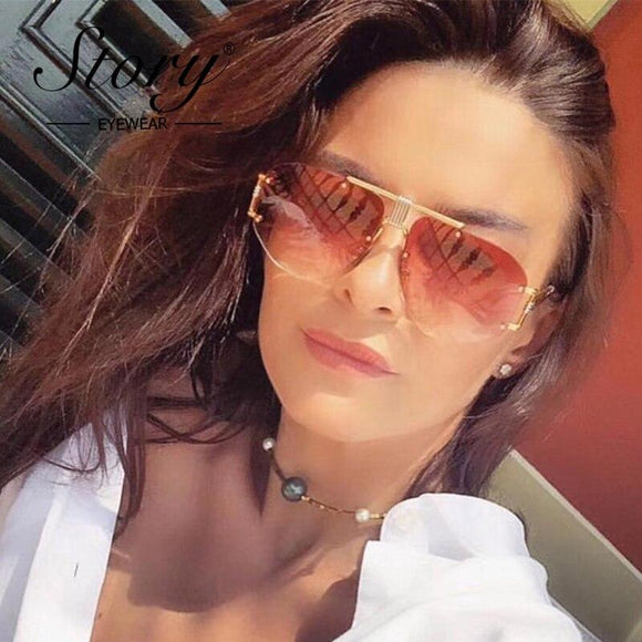 Retro rimless Oversize Sunglasses Women Men Brand Design vintage Shield Goggles Red Big Sun Glasses Shades - Presidential Brand (R)