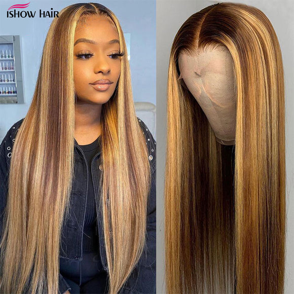 Ishow Highlight Wig Brown Colored Human Hair Wigs 13X4 13X6x1 Ombre Straight Lace Front Wig Highlight Lace Front Human Hair Wigs - Presidential Brand (R)