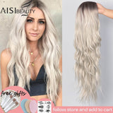 AISI BEAUTY Long Wavy Wig Natural Part Side Hair Ombre Synthetic Platinum Blonde Black Wigs Heat Resistant - Presidential Brand (R)