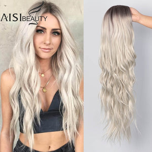 AISI BEAUTY Long Wavy Wig Natural Part Side Hair Ombre Synthetic Platinum Blonde Black Wigs Heat Resistant - Presidential Brand (R)