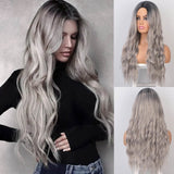 AISI BEAUTY Long Wavy Wig Natural Part Side Hair Ombre Synthetic Platinum Blonde Black Wigs Heat Resistant - Presidential Brand (R)
