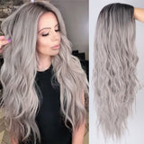 AISI BEAUTY Long Wavy Wig Natural Part Side Hair Ombre Synthetic Platinum Blonde Black Wigs Heat Resistant - Presidential Brand (R)