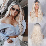 AISI BEAUTY Long Wavy Wig Natural Part Side Hair Ombre Synthetic Platinum Blonde Black Wigs Heat Resistant - Presidential Brand (R)