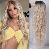 AISI BEAUTY Long Wavy Wig Natural Part Side Hair Ombre Synthetic Platinum Blonde Black Wigs Heat Resistant - Presidential Brand (R)