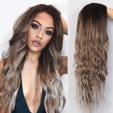 AISI BEAUTY Long Wavy Wig Natural Part Side Hair Ombre Synthetic Platinum Blonde Black Wigs Heat Resistant - Presidential Brand (R)