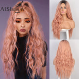AISI BEAUTY Long Wavy Wig Natural Part Side Hair Ombre Synthetic Platinum Blonde Black Wigs Heat Resistant - Presidential Brand (R)