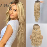AISI BEAUTY Long Wavy Wig Natural Part Side Hair Ombre Synthetic Platinum Blonde Black Wigs Heat Resistant - Presidential Brand (R)