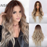 AISI BEAUTY Long Wavy Wig Natural Part Side Hair Ombre Synthetic Platinum Blonde Black Wigs Heat Resistant - Presidential Brand (R)