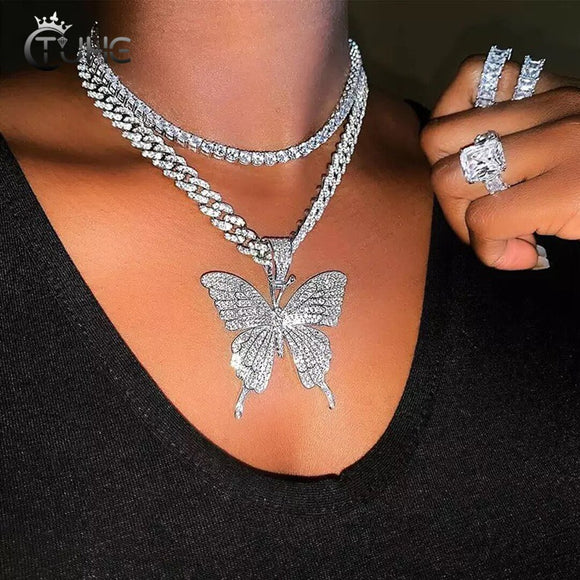 Women Butterfly Pendant Necklace Iced Out Link Chain Choker Necklace Bling Hip Hop Pendant Jewelry New Year Party Gifts - Presidential Brand (R)